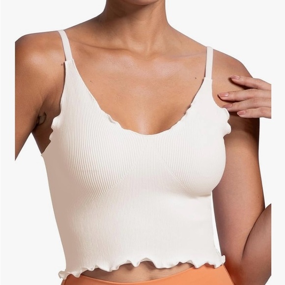 Black and Beige Seamless Scalloped Crop Tank Tops V-Neck Ribbed Cami - Picture 4 of 5